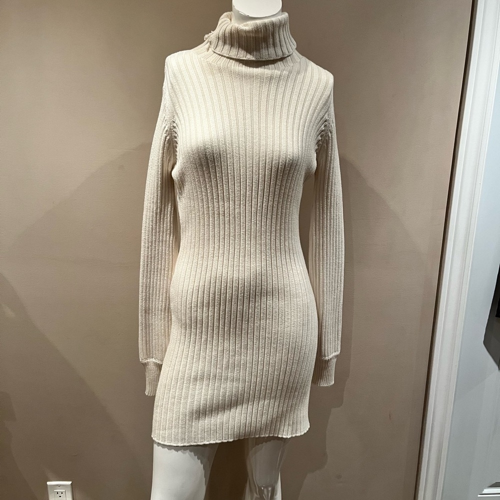 Cream Ribbed Turtleneck Sweater Dress